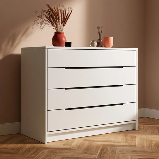 Kommode mit Schubladen, mit klarer Formgebung, mit vier Schubladen, Farbe: weiß